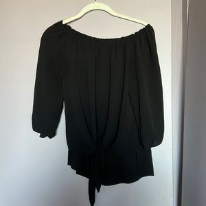 Black square neck smocked shirt